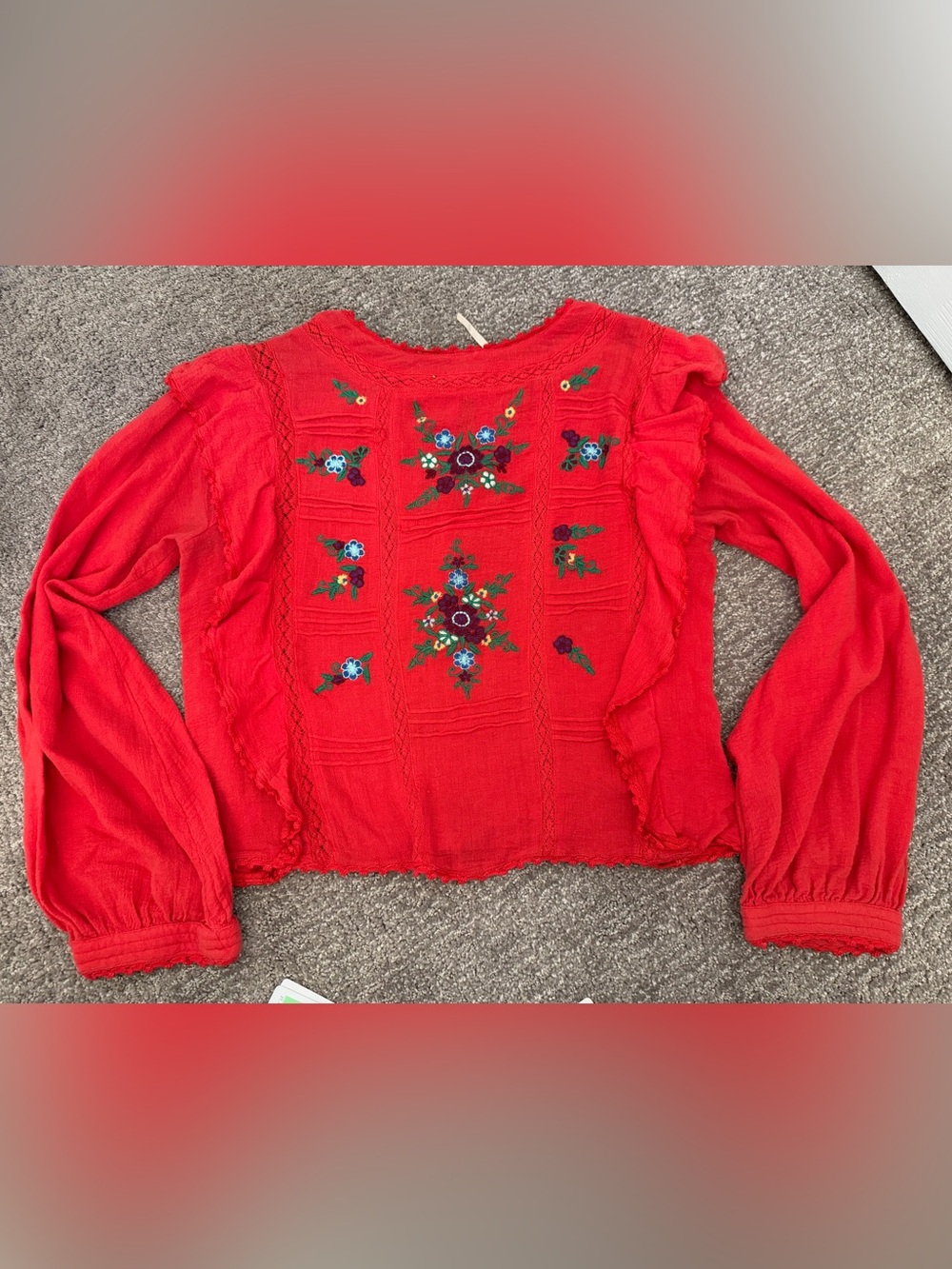 Free People Red Embroidered Peasant Blouse